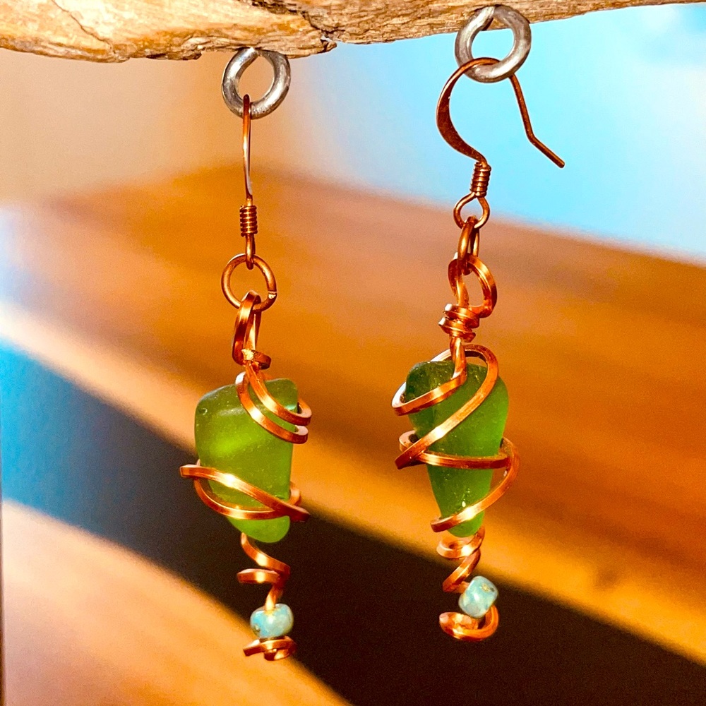 Bundle 3 fir $15 Hand made green sea glass copper wire wrapped earrings